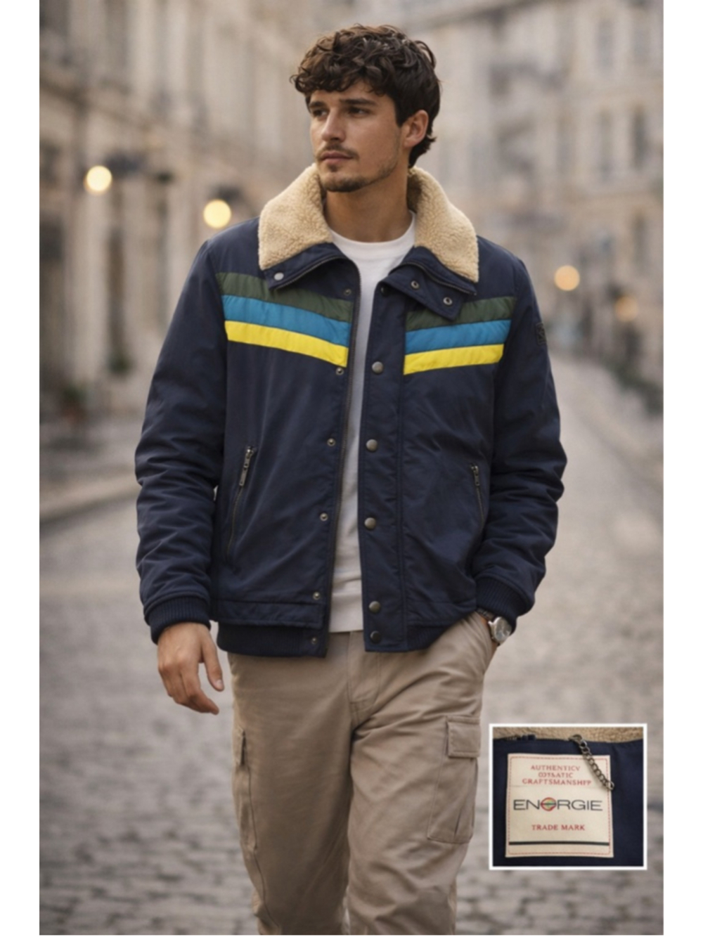 Designer Energie Jacket Men’s L Shearling Insulated Y2K Retro Stripe Italy Navy